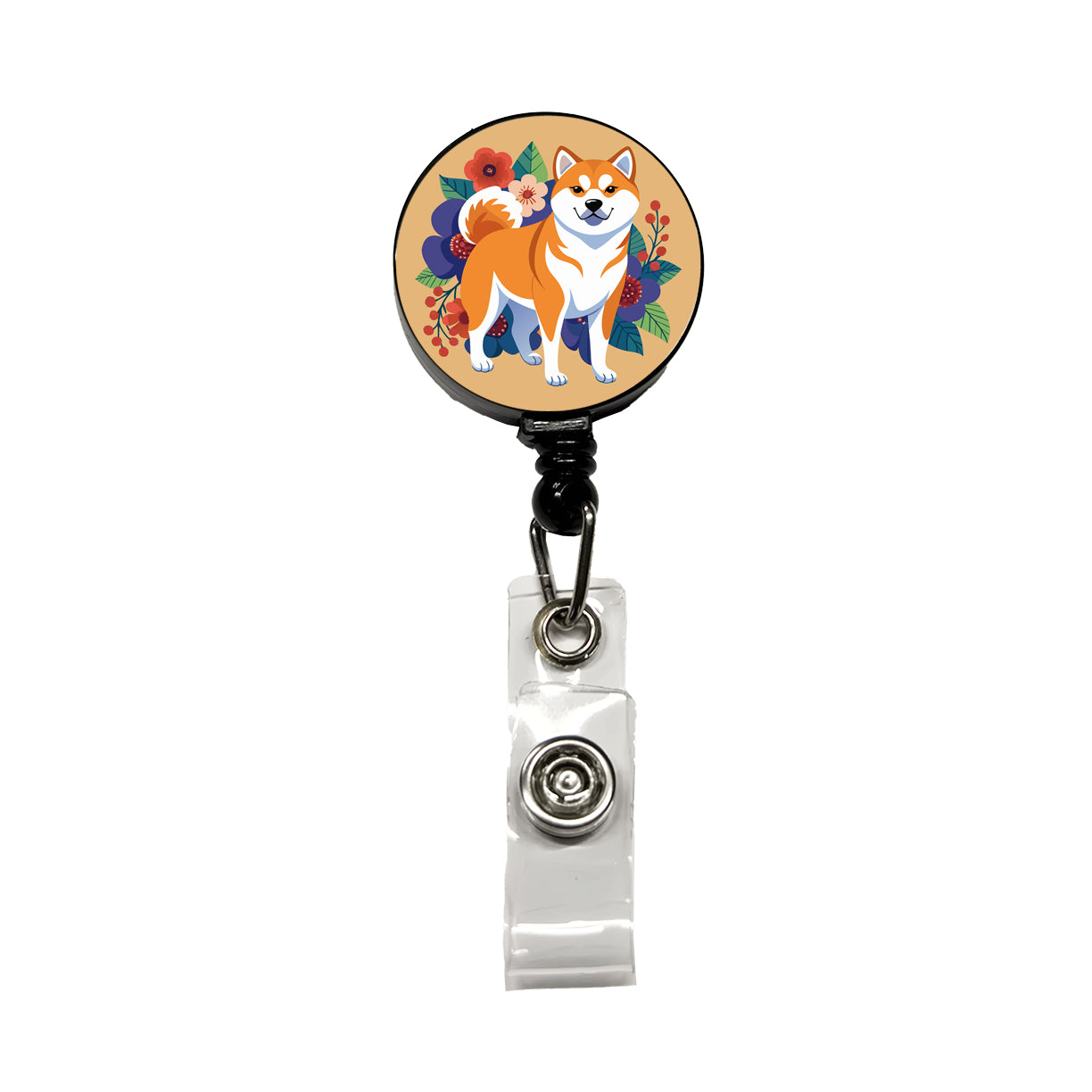 Akita Dog Floral Flowers Retractable ID Key Card Name Tag Badge Holder with Clip