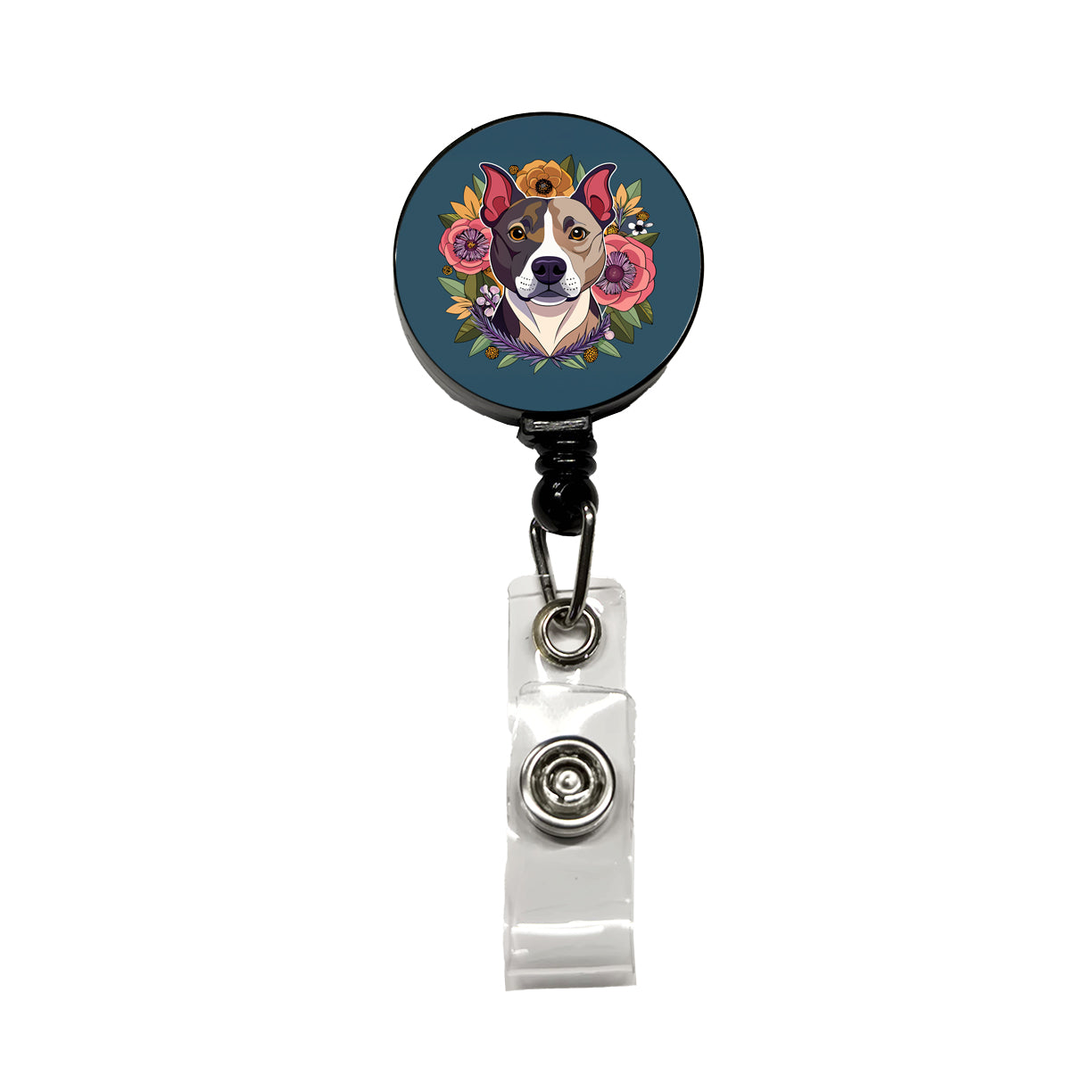 American Staffordshire Terrier Dog Floral Flowers Retractable ID Key Card Name Tag Badge Holder with Clip
