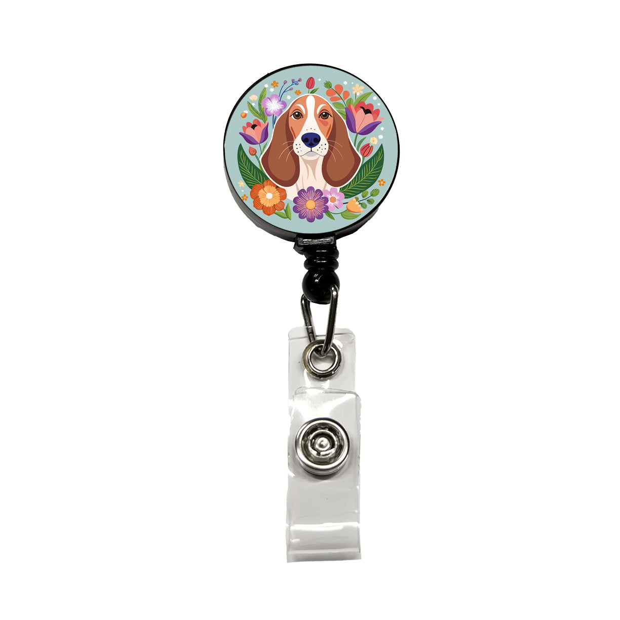Basset Hound Dog Floral Flowers Retractable ID Key Card Name Tag Badge Holder with Clip