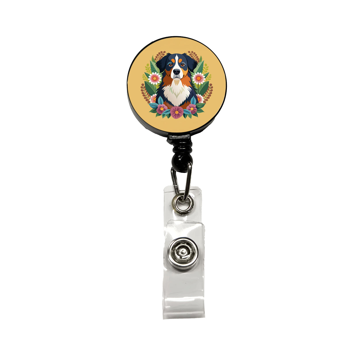 Bernese Mountain Dog Floral Flowers Retractable ID Key Card Name Tag Badge Holder with Clip