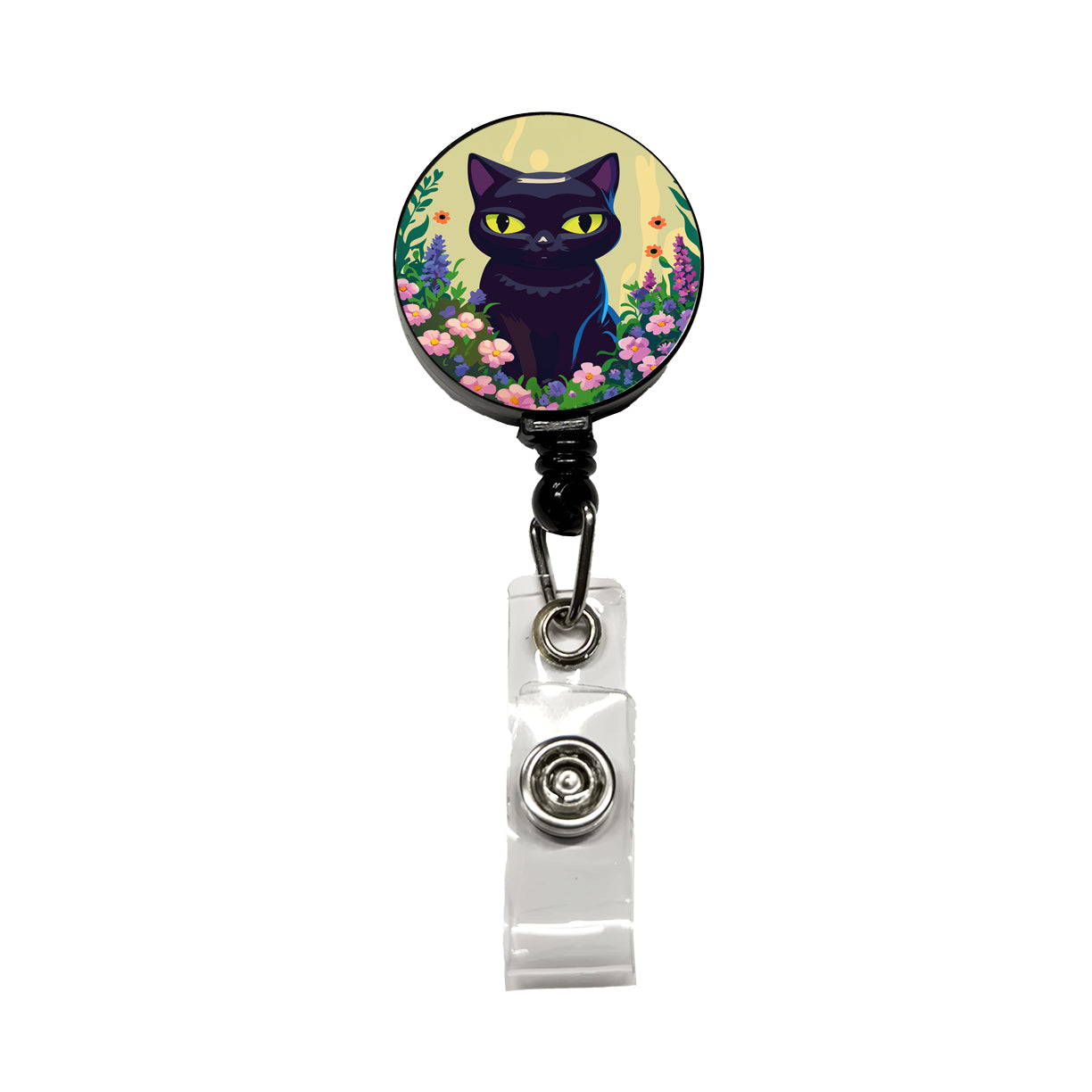 Black White Cat in Flower Garden Retractable ID Key Card Name Tag Badge Holder with Clip