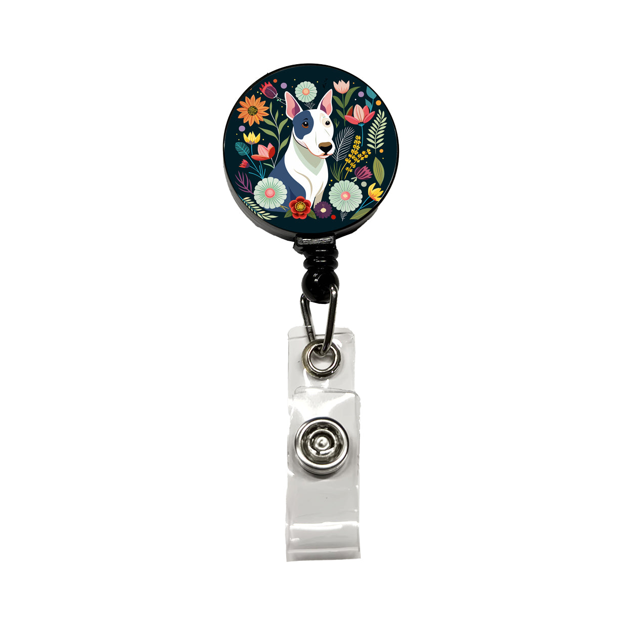 Bull Terrier Dog Floral Flowers Retractable ID Key Card Name Tag Badge Holder with Clip