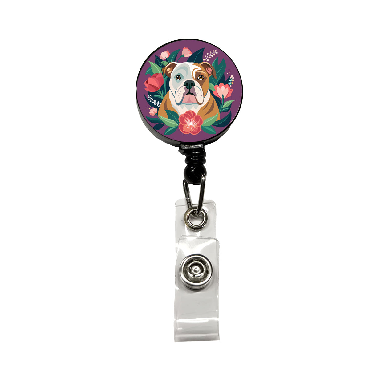 Bulldog Dog Floral Flowers Purple Background Retractable ID Key Card Name Tag Badge Holder with Clip