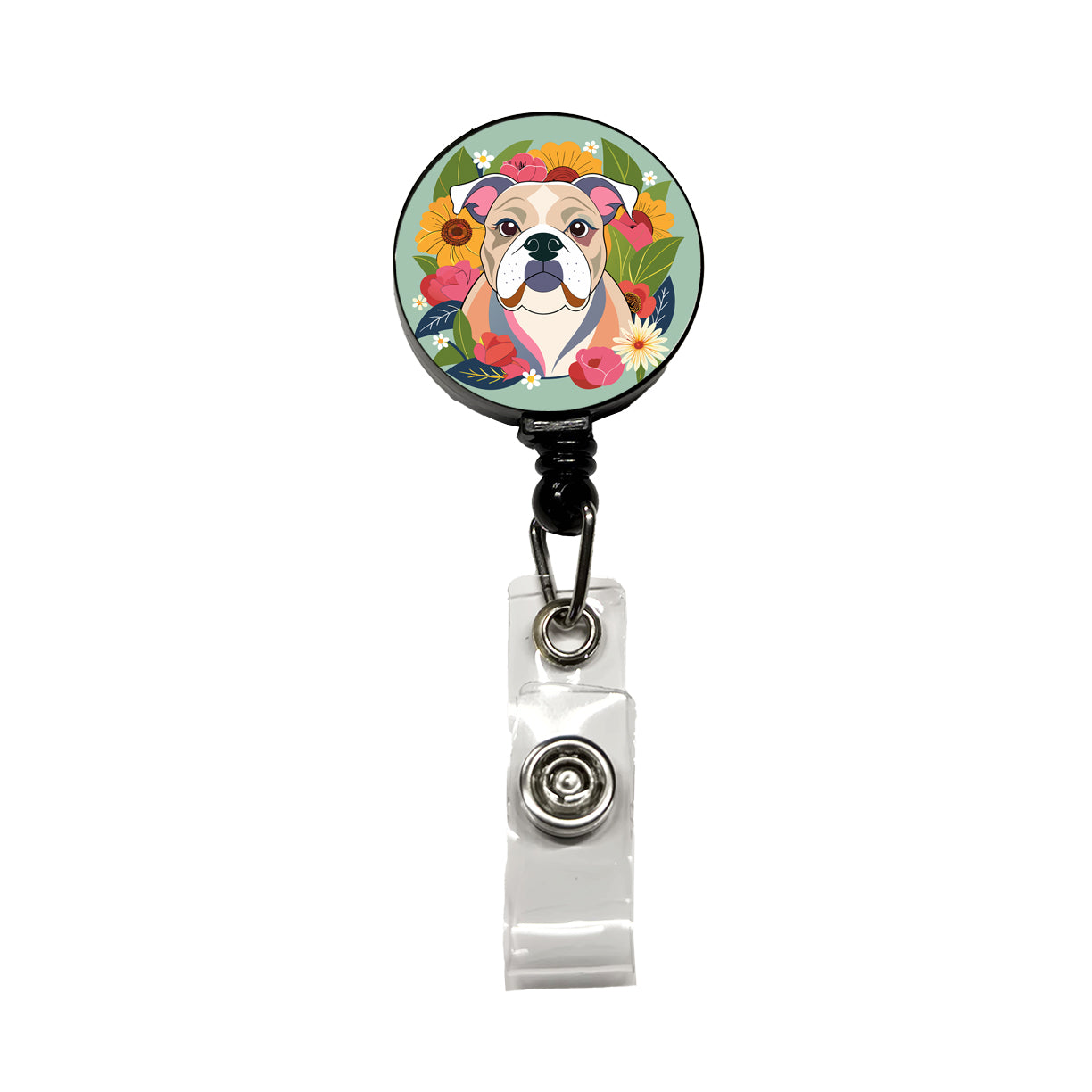 Bulldog Dog Floral Flowers Retractable ID Key Card Name Tag Badge Holder with Clip
