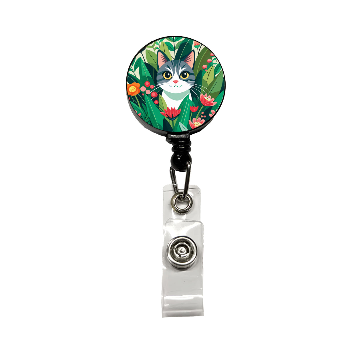 Cat Hiding in Flower Garden Retractable ID Key Card Name Tag Badge Holder with Clip