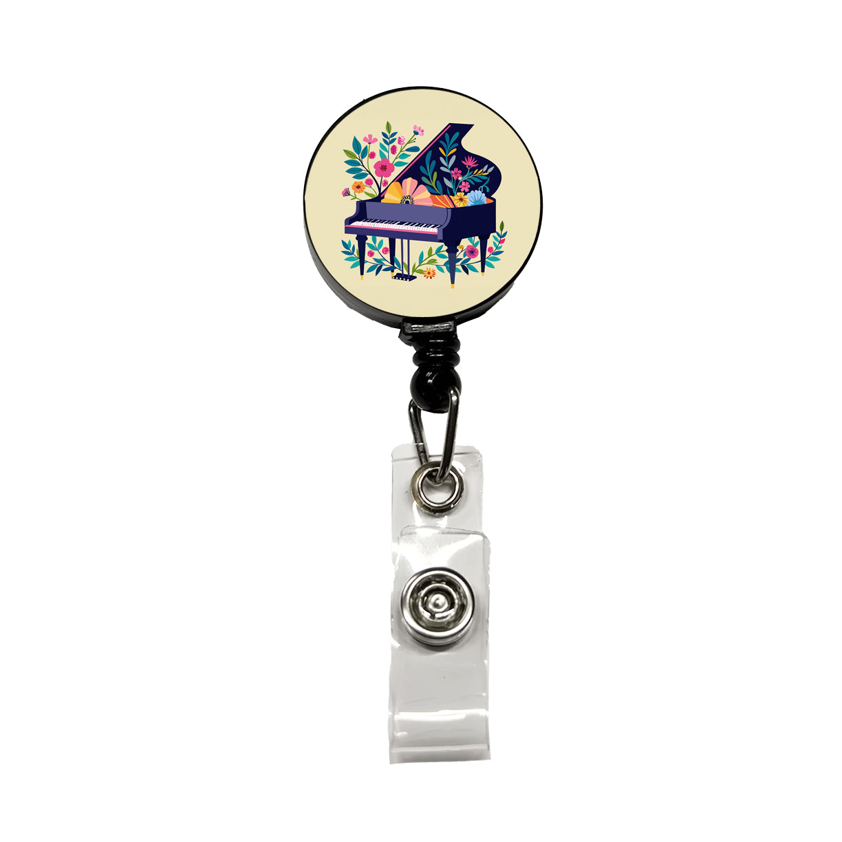 Grand Piano Music Floral Motif Retractable ID Key Card Name Tag Badge Holder with Clip