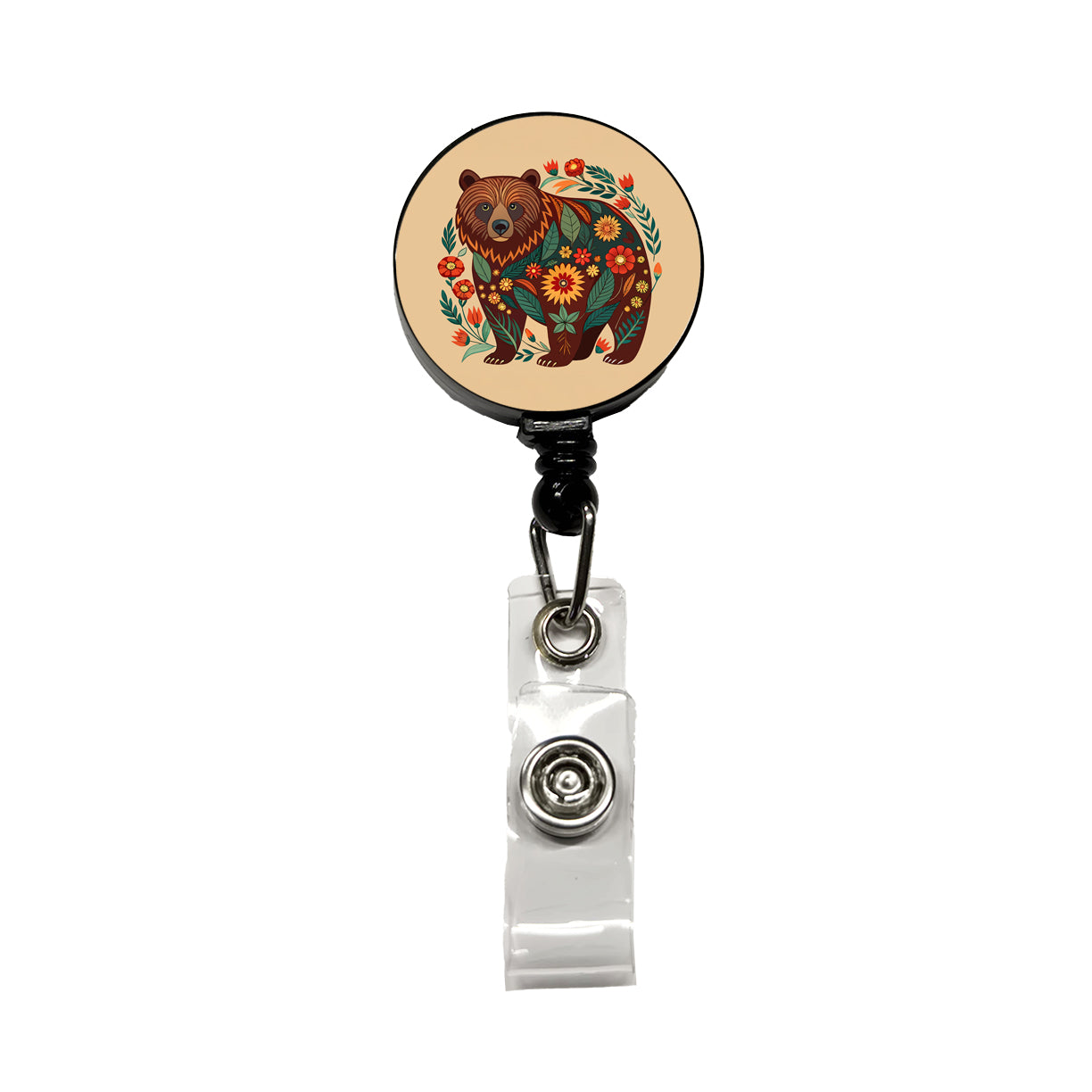 Grizzly Bear Floral Motif Retractable ID Key Card Name Tag Badge Holder with Clip