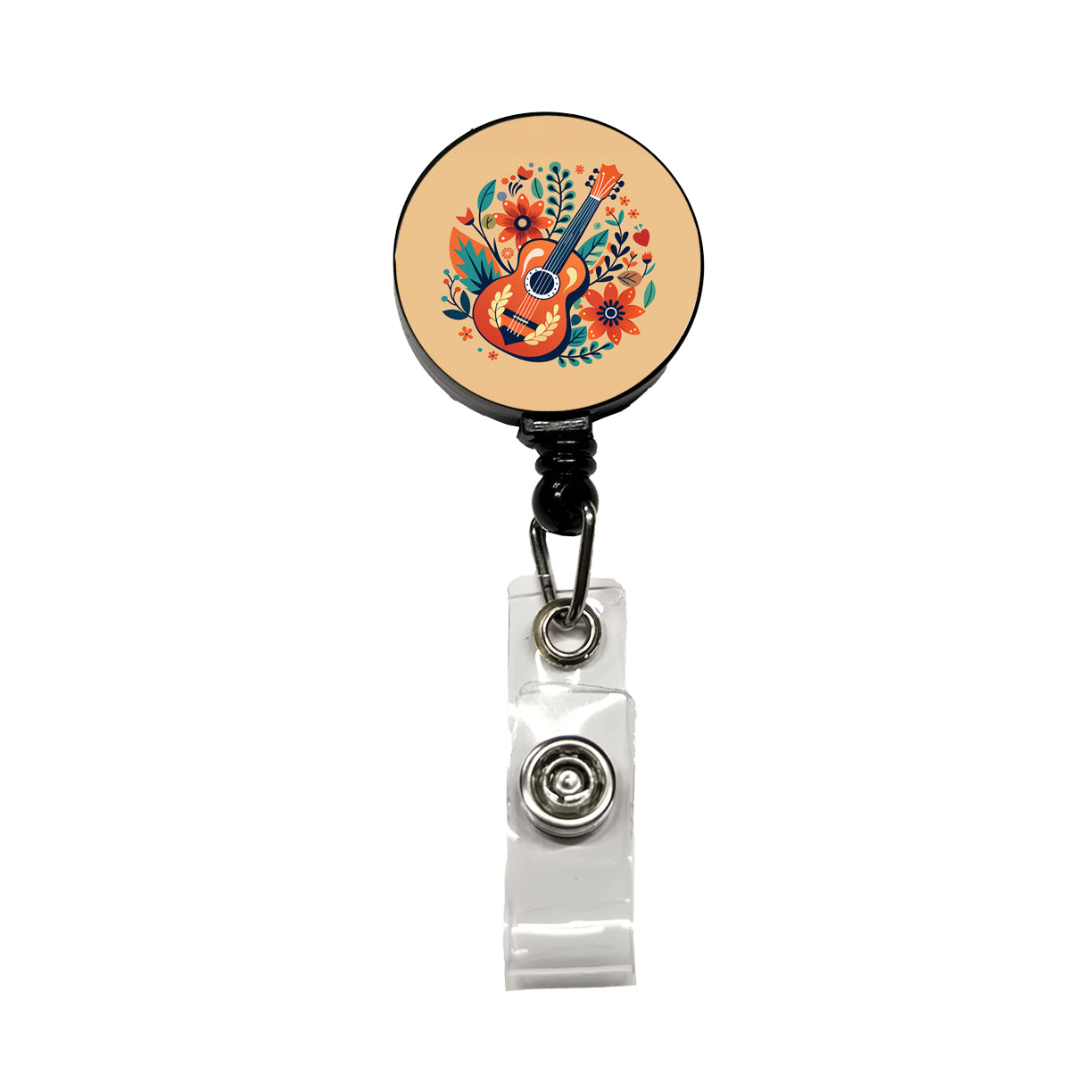 Guitar Music Floral Motif Retractable ID Key Card Name Tag Badge Holder with Clip