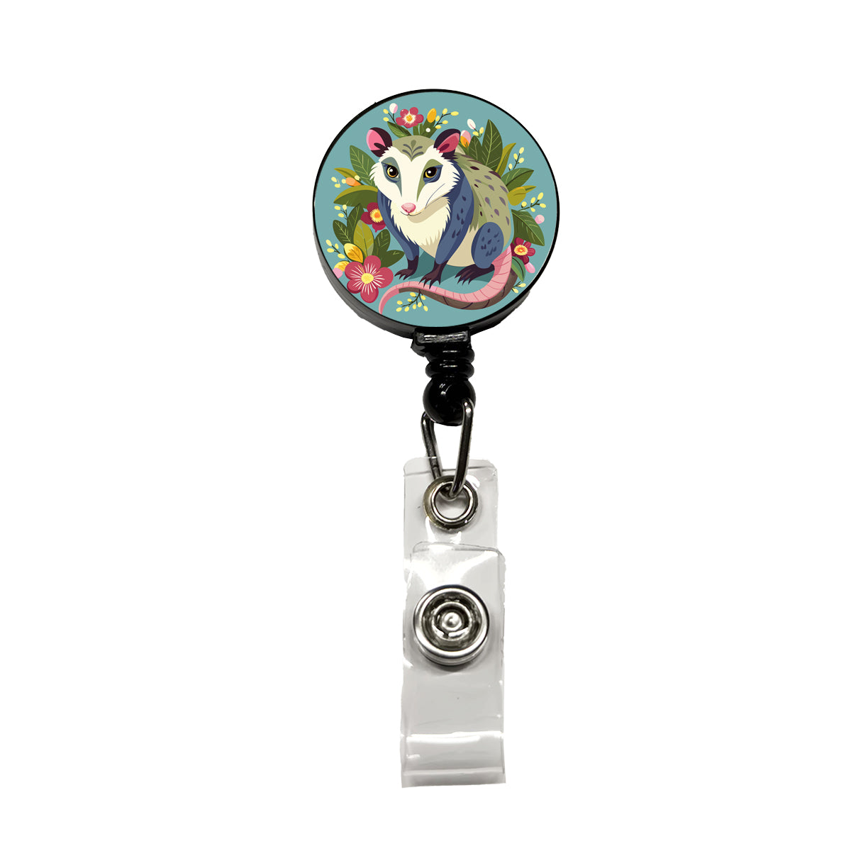 Opossum Floral Flowers Retractable ID Key Card Name Tag Badge Holder with Clip