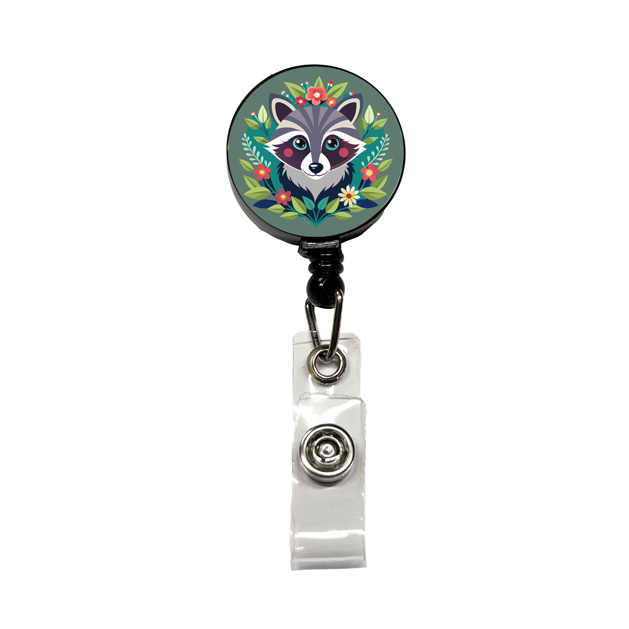 Raccoon in Floral Wreath Retractable ID Key Card Name Tag Badge Holder with Clip