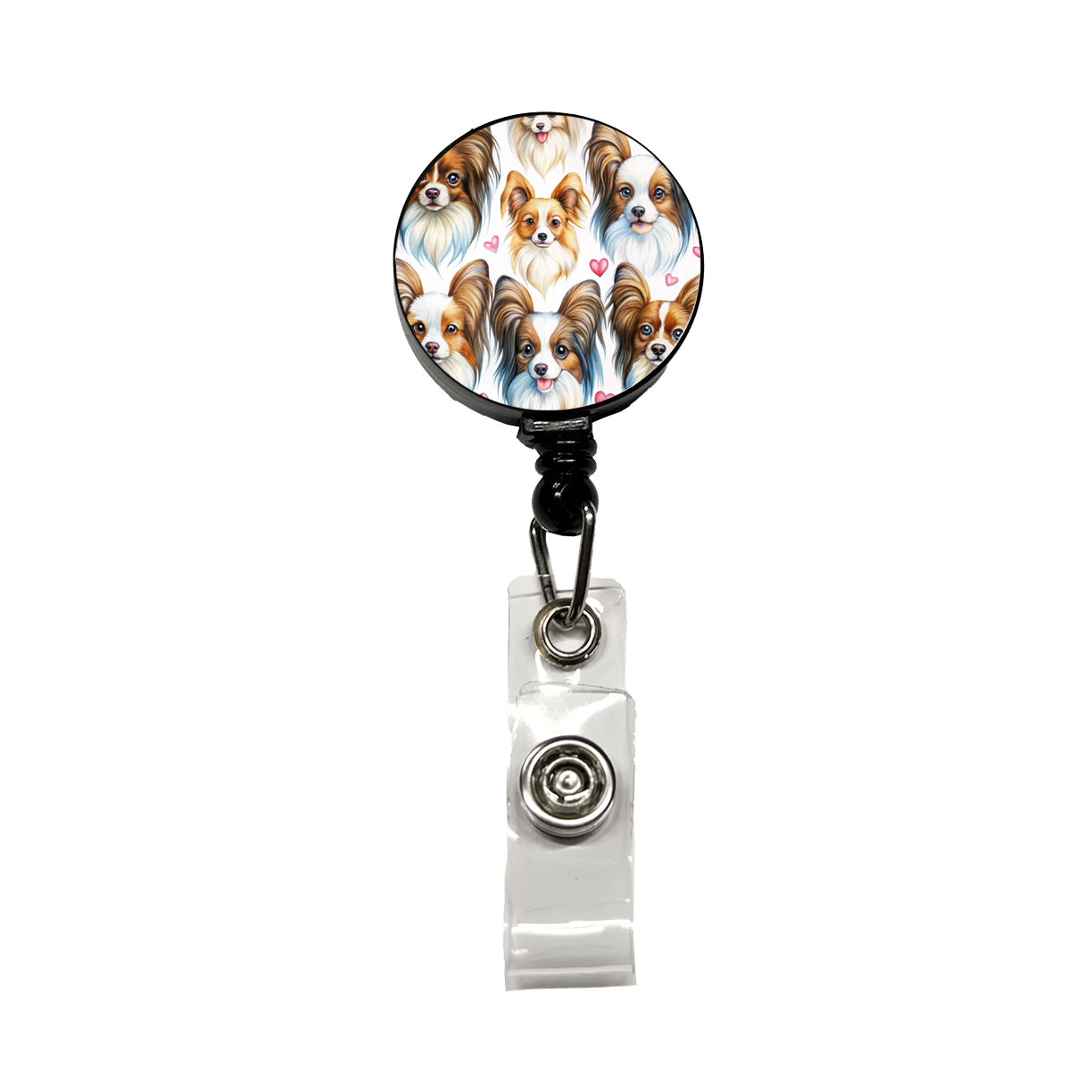 Cute Papillion Dog Faces Hearts Retractable ID Key Card Name Tag Badge Holder with Clip