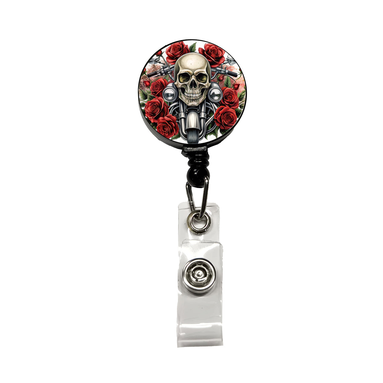 Biker Style Skulls And Roses Motorcycle Retractable ID Key Card Name Tag Badge Holder with Clip