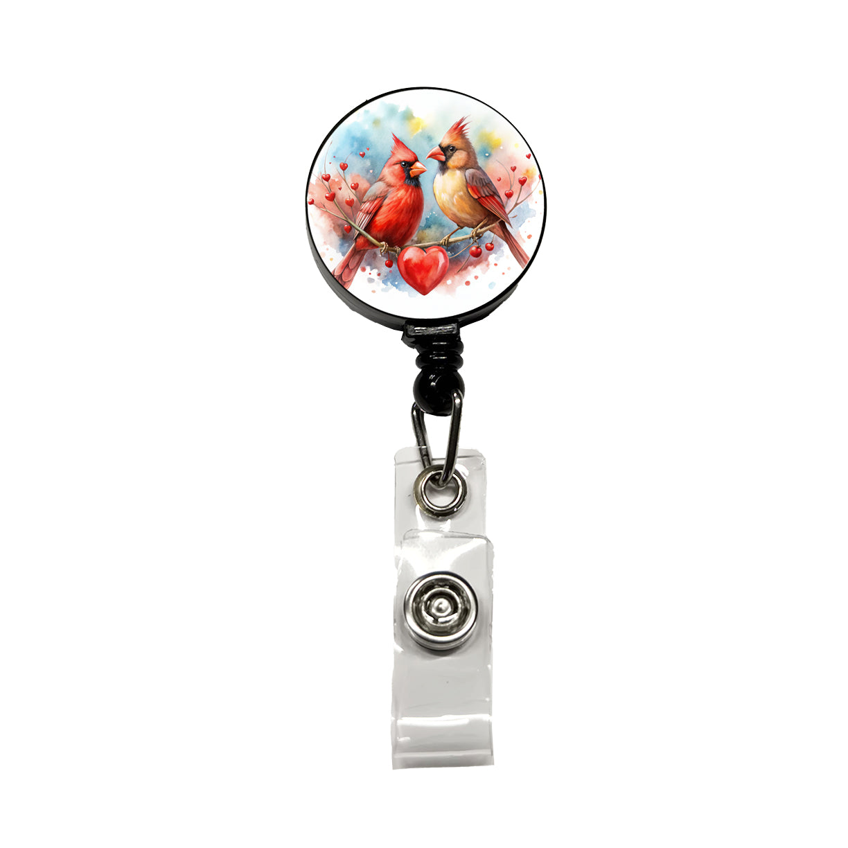 Cardinals In Love With Hearts Valentine's Day Retractable ID Key Card Name Tag Badge Holder with Clip