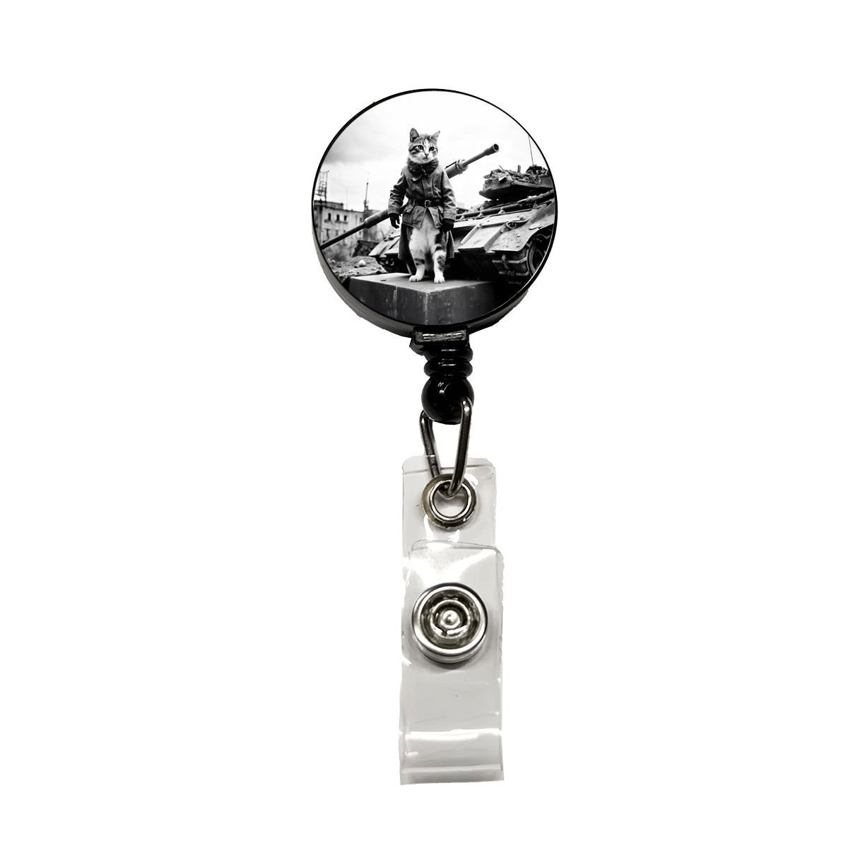 Military Resistance War Soldier Cat Retro Black And White Retractable ID Key Card Name Tag Badge Holder with Clip
