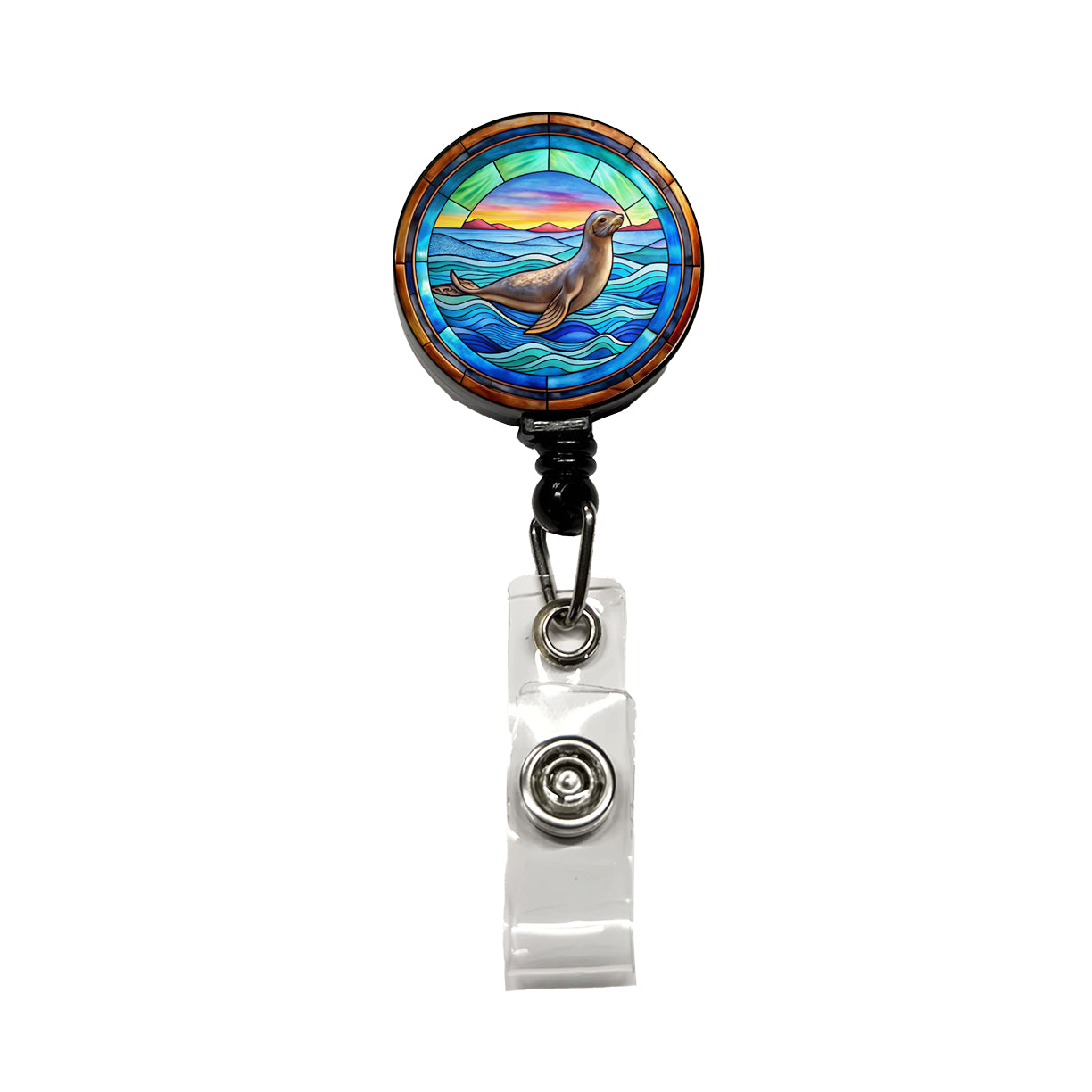 Stained Glass Seal In The Ocean Retractable ID Key Card Name Tag Badge Holder with Clip
