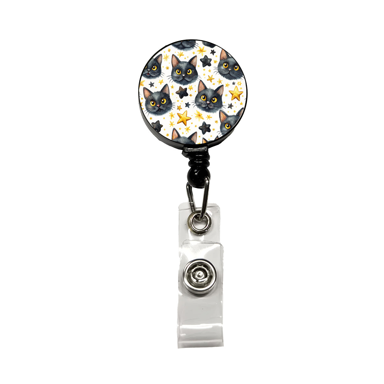 Sweet Black Cat Faces Yellow Stars Retractable ID Key Card Name Tag Badge Holder with Clip