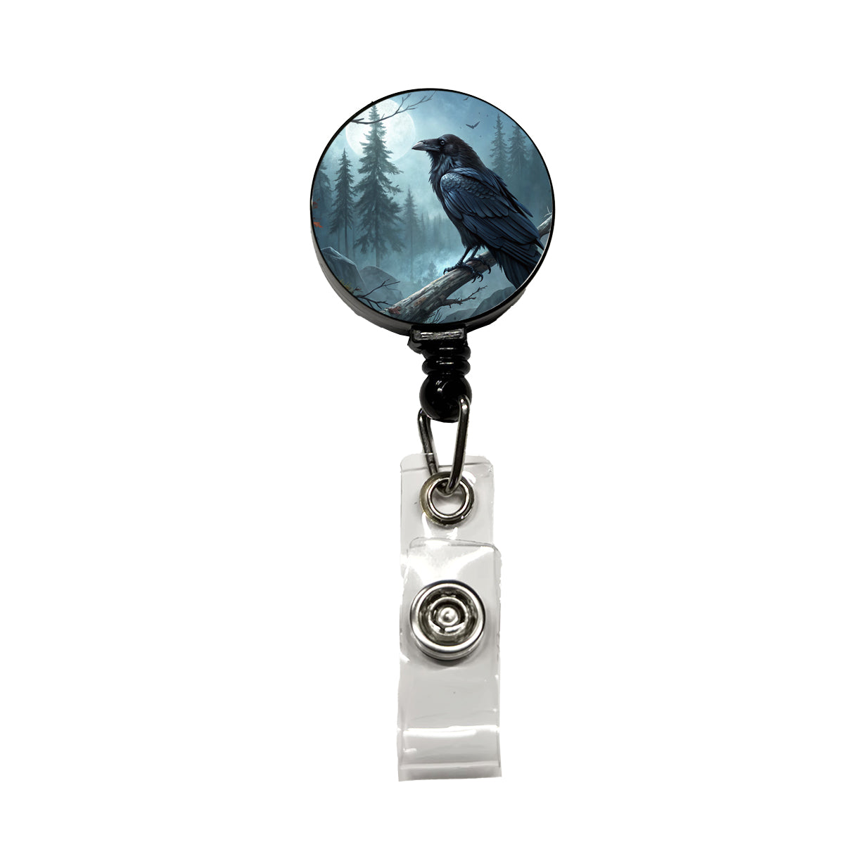 Black Raven at Night Under a Full Moon Retractable ID Key Card Name Tag Badge Holder with Clip