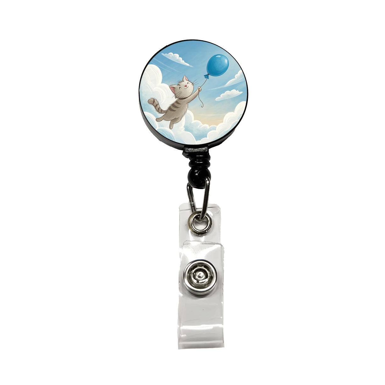 Cat Carried by Blue Balloon into the Sky Retractable ID Key Card Name Tag Badge Holder with Clip