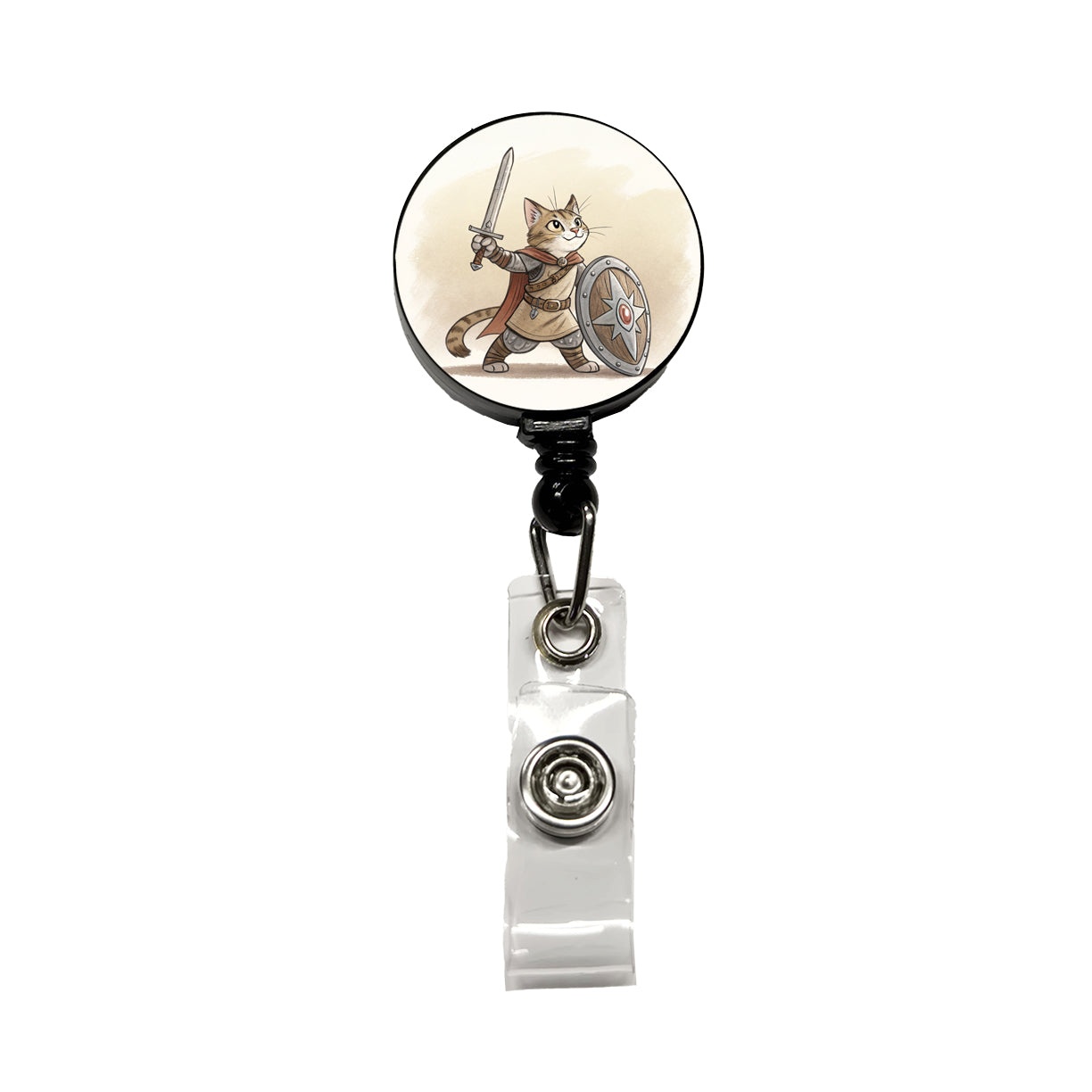 Cat With Sword And Shield Fantasy Medieval Cartoon Retractable ID Key Card Name Tag Badge Holder with Clip