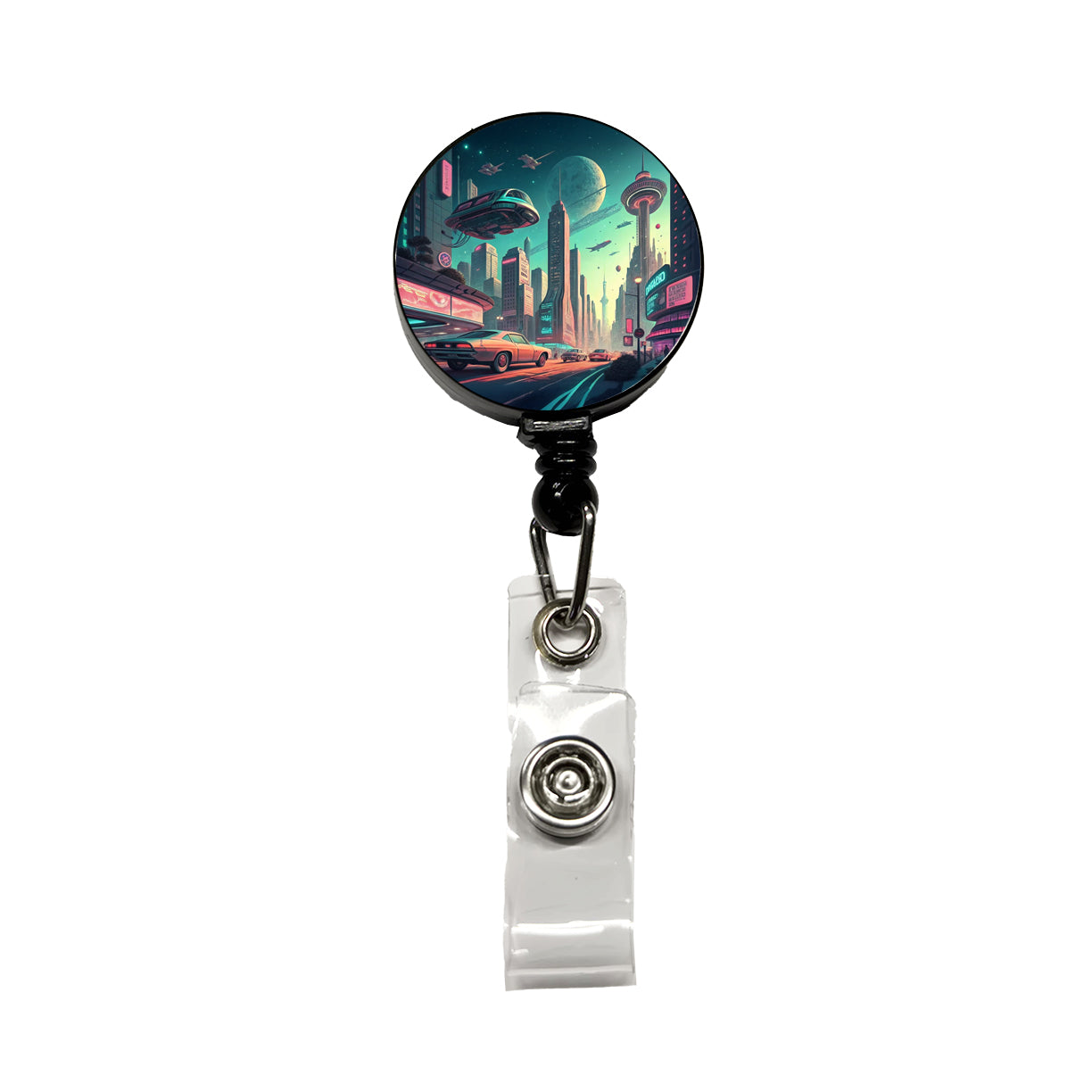 Retro Sci-fi Poster Art Futuristic City Scene Retractable ID Key Card Name Tag Badge Holder with Clip