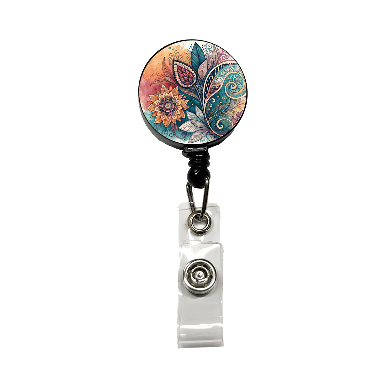 Abstract Deco Floral Leaves Swirl Design Retractable ID Key Card Name Tag Badge Holder with Clip
