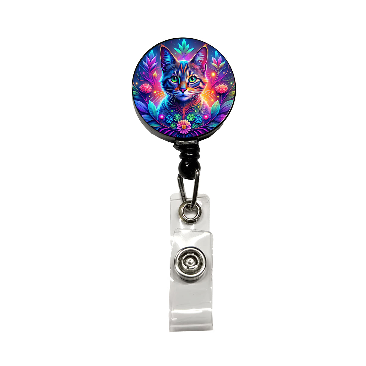 Abstract Neon Cat And Floral Design Retractable ID Key Card Name Tag Badge Holder with Clip