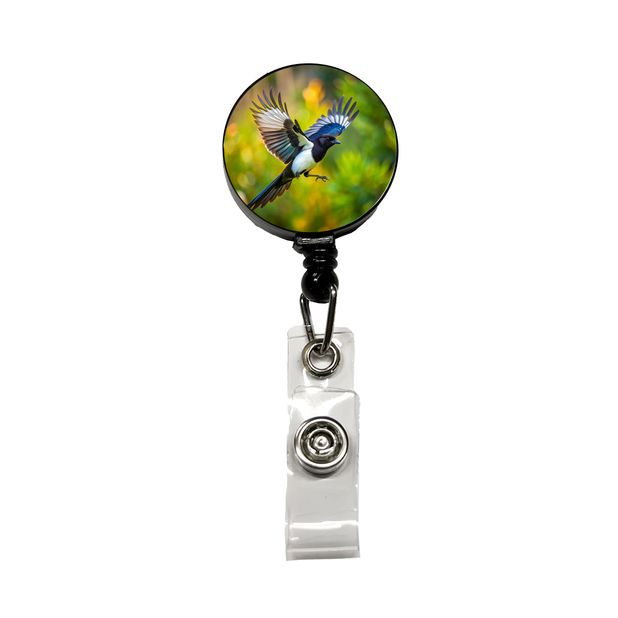 Black Billed Magpie Flying Backyard Bird Retractable ID Key Card Name Tag Badge Holder with Clip