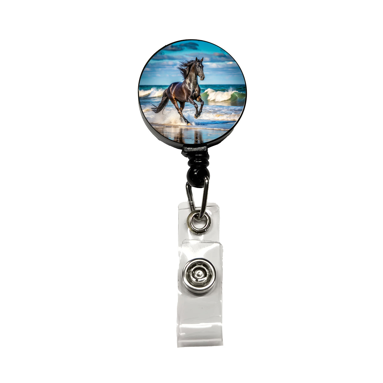 Black Horse Stallion Galloping On The Beach Retractable ID Key Card Name Tag Badge Holder with Clip