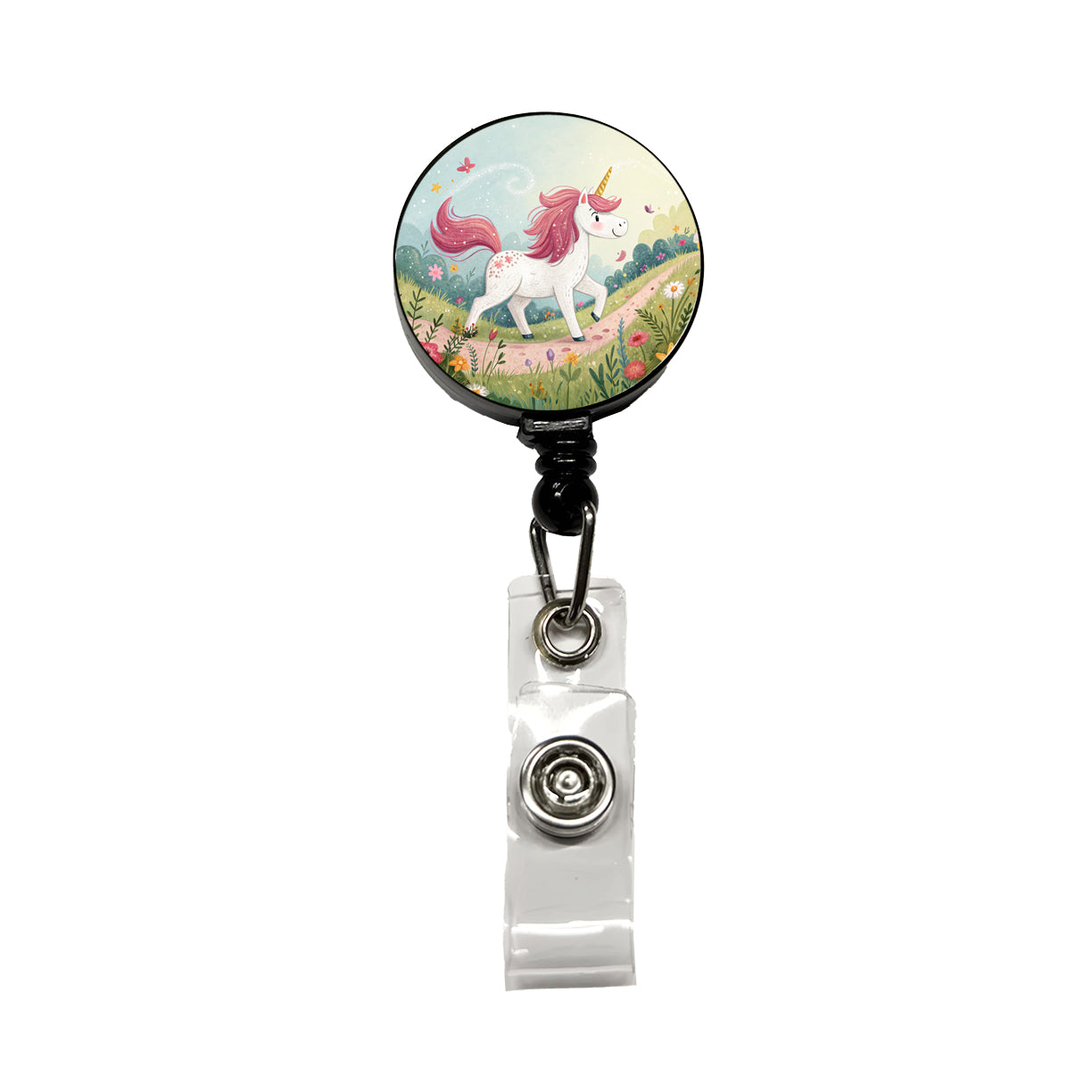 Fantasy Unicorn Children's Illustration Style Retractable ID Key Card Name Tag Badge Holder with Clip