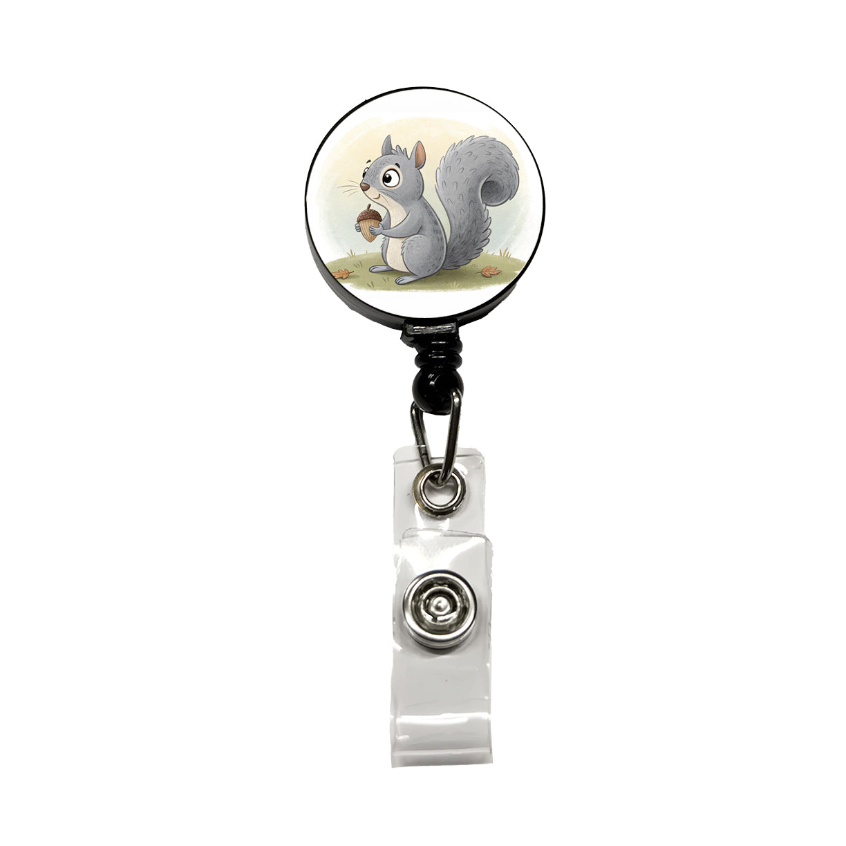 Gray Squirrel Children's Illustration Style Retractable ID Key Card Name Tag Badge Holder with Clip