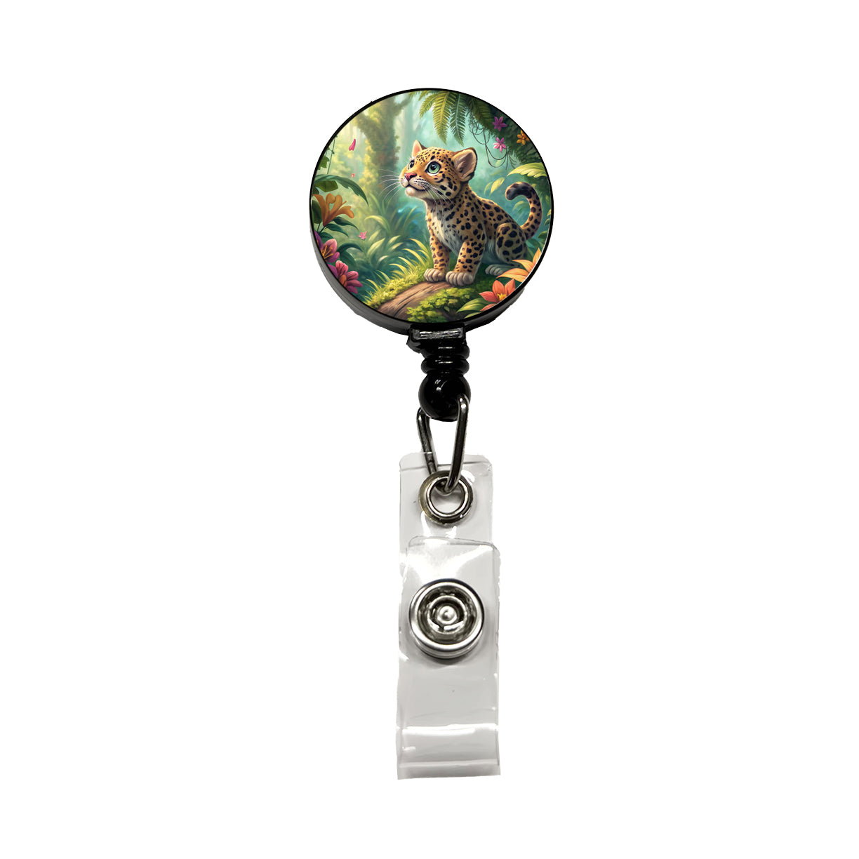 Jaguar Cat In Jungle Children's Illustration Style Retractable ID Key Card Name Tag Badge Holder with Clip