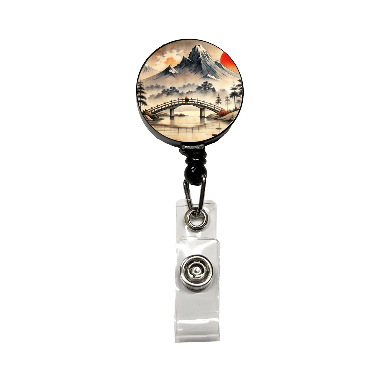 Japanese Style Ink Painting Bridge Over Water Landscape Retractable ID Key Card Name Tag Badge Holder with Clip