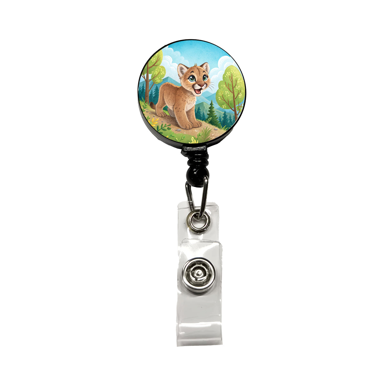 Mountain Lion Cougar Children's Illustration Style Retractable ID Key Card Name Tag Badge Holder with Clip
