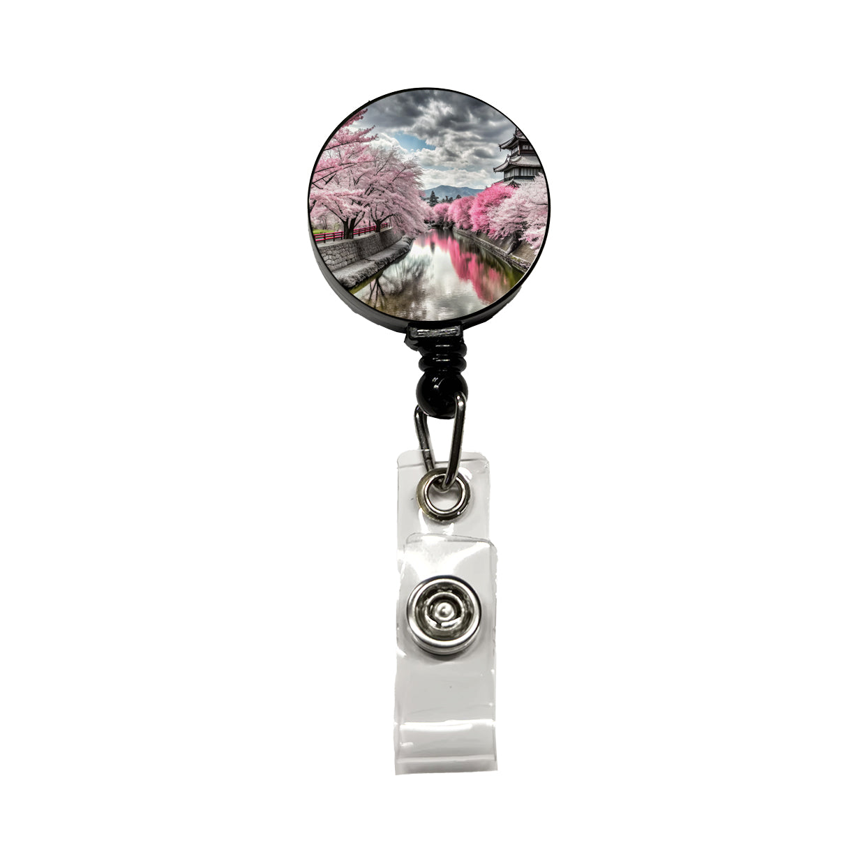 Sakura Trees Along River Japanese Scene Retractable ID Key Card Name Tag Badge Holder with Clip