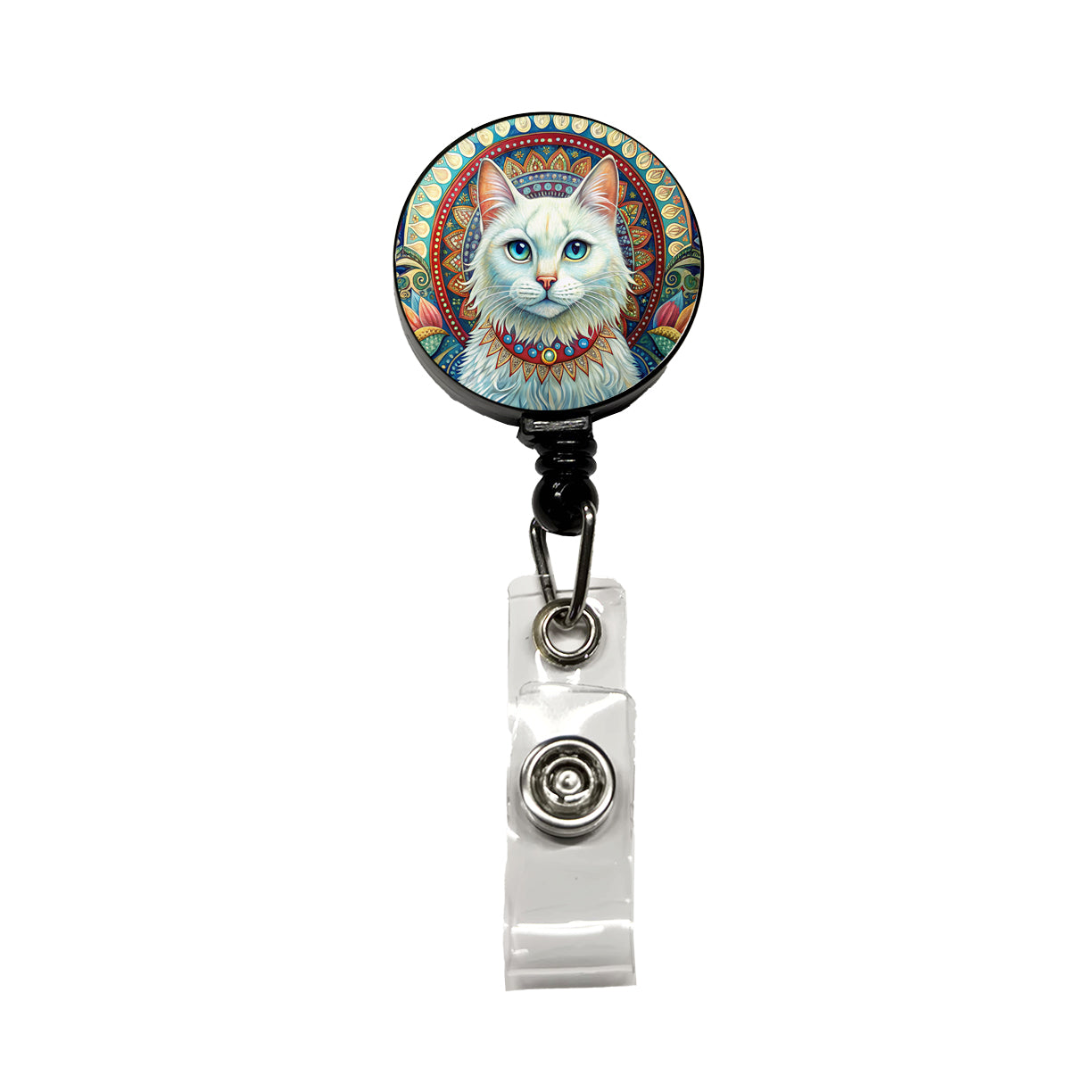 White Cat Bohemian Art Retractable ID Key Card Name Tag Badge Holder with Clip