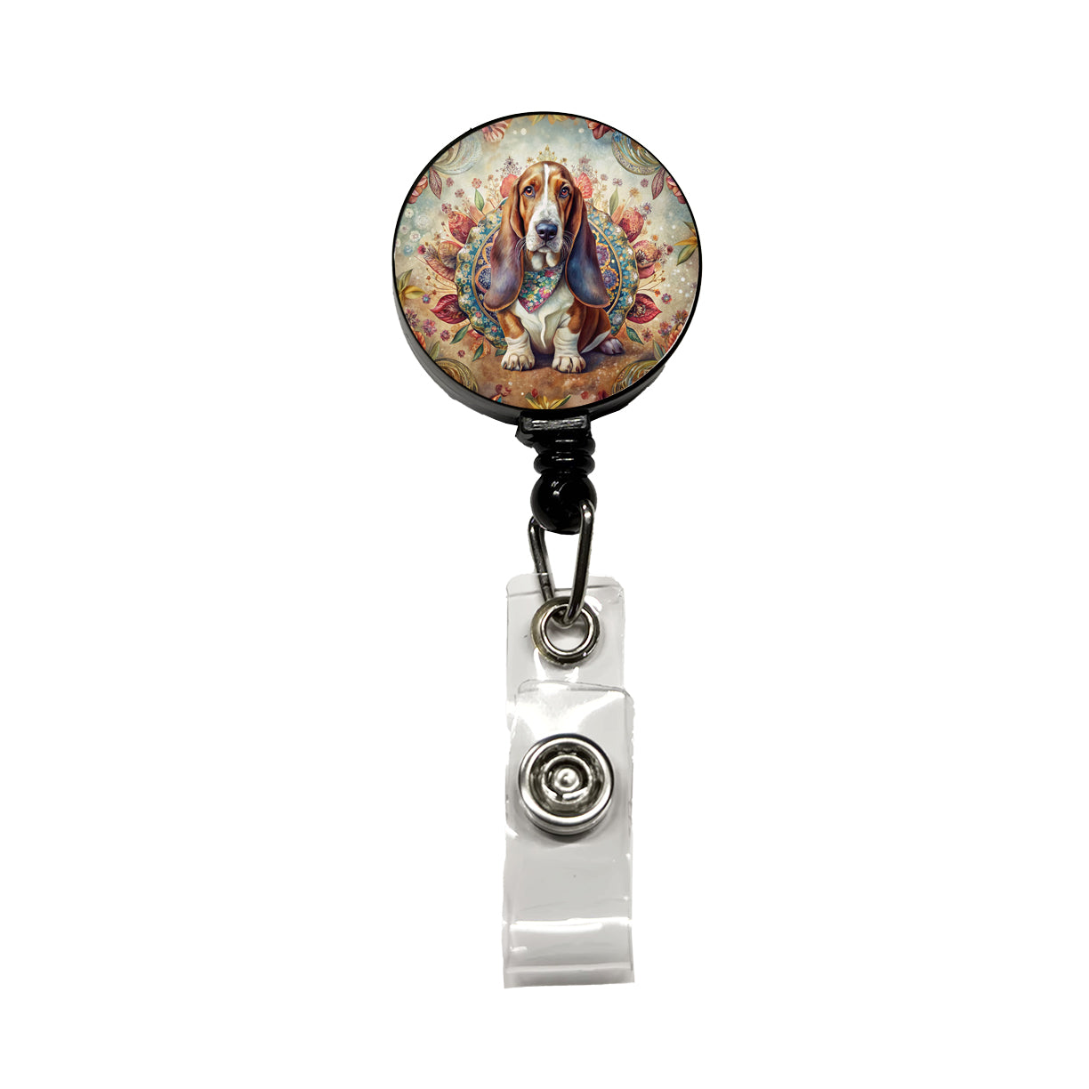 Basset Hound Dog French Bohemian Art Retractable ID Key Card Name Tag Badge Holder with Clip