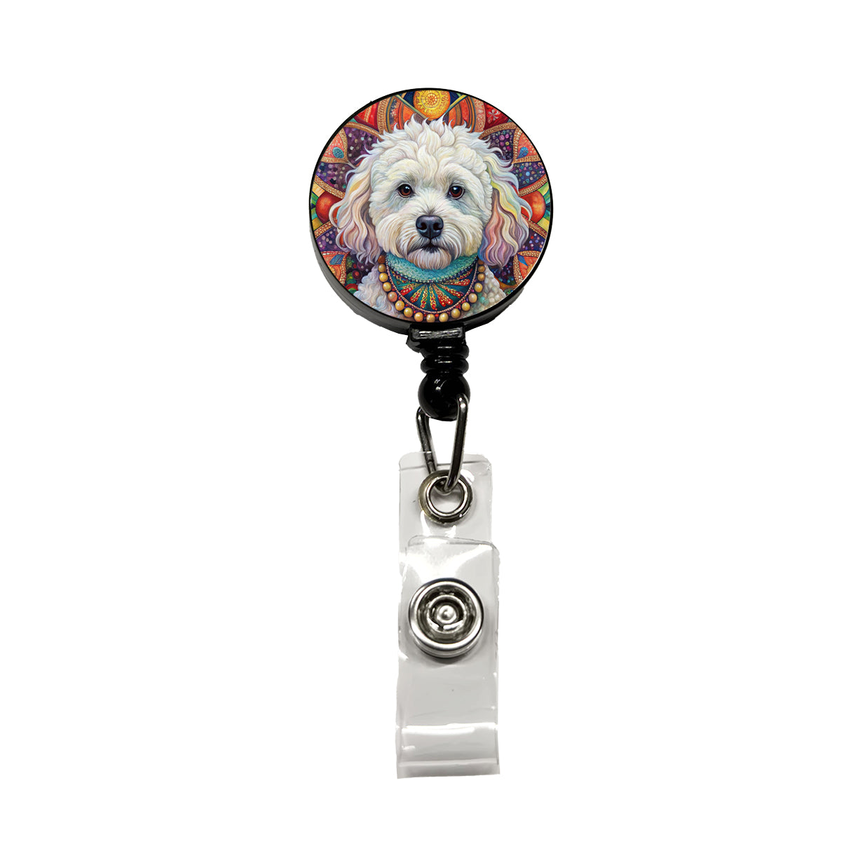 Bichon Frise Dog Bohemian Art Retractable ID Key Card Name Tag Badge Holder with Clip