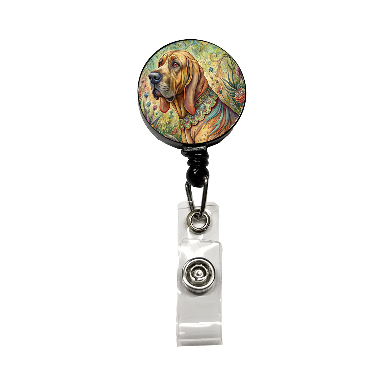Bloodhound Dog French Bohemian Art Retractable ID Key Card Name Tag Badge Holder with Clip