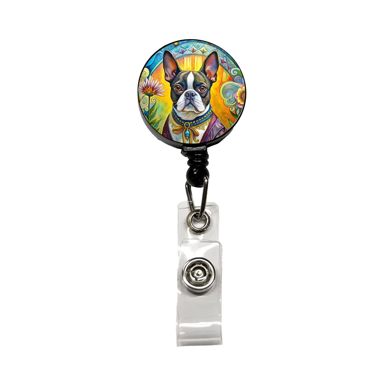 Boston Terrier Dog French Bohemian Art Retractable ID Key Card Name Tag Badge Holder with Clip