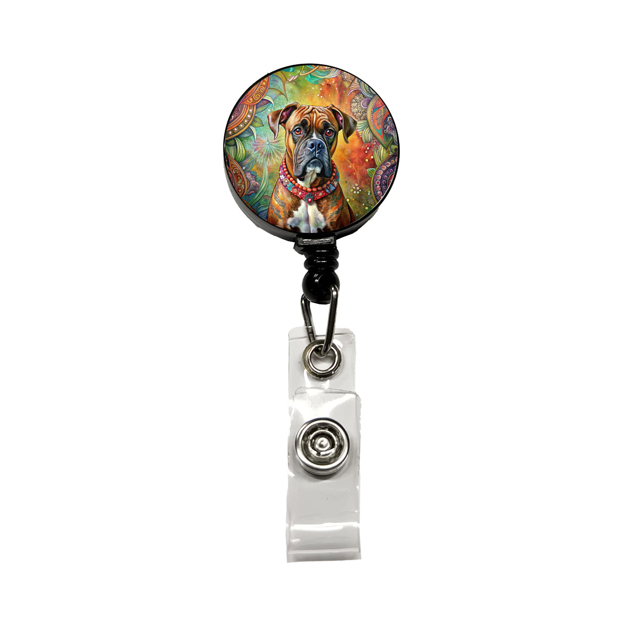 Boxer Dog Bohemian Art Retractable ID Key Card Name Tag Badge Holder with Clip