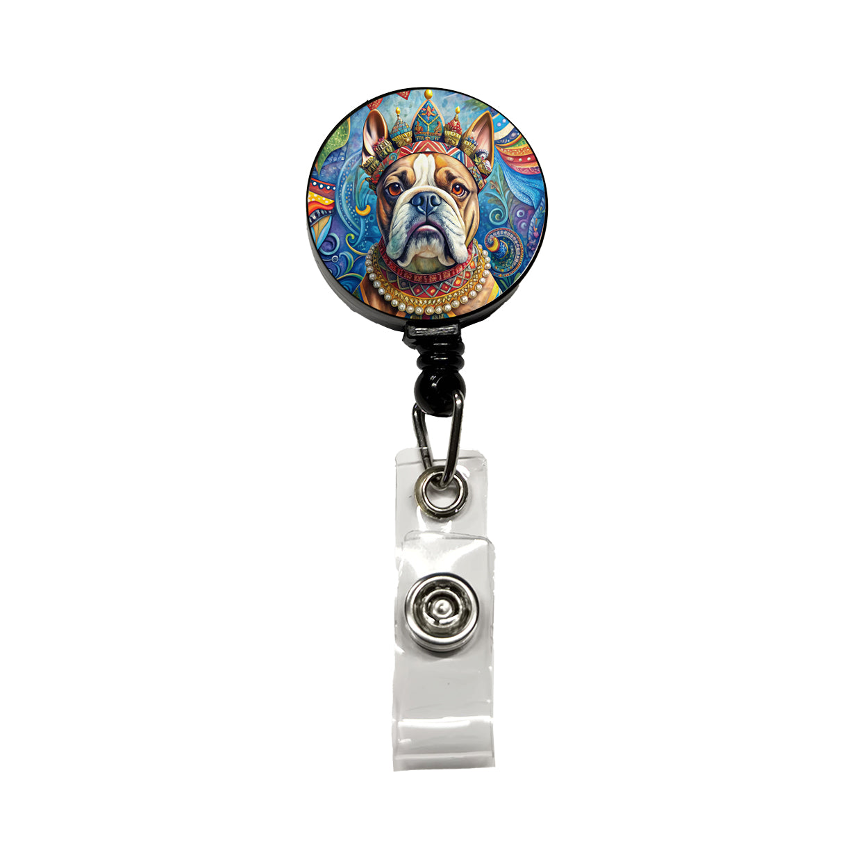 Bulldog Dog French Bohemian Art Retractable ID Key Card Name Tag Badge Holder with Clip