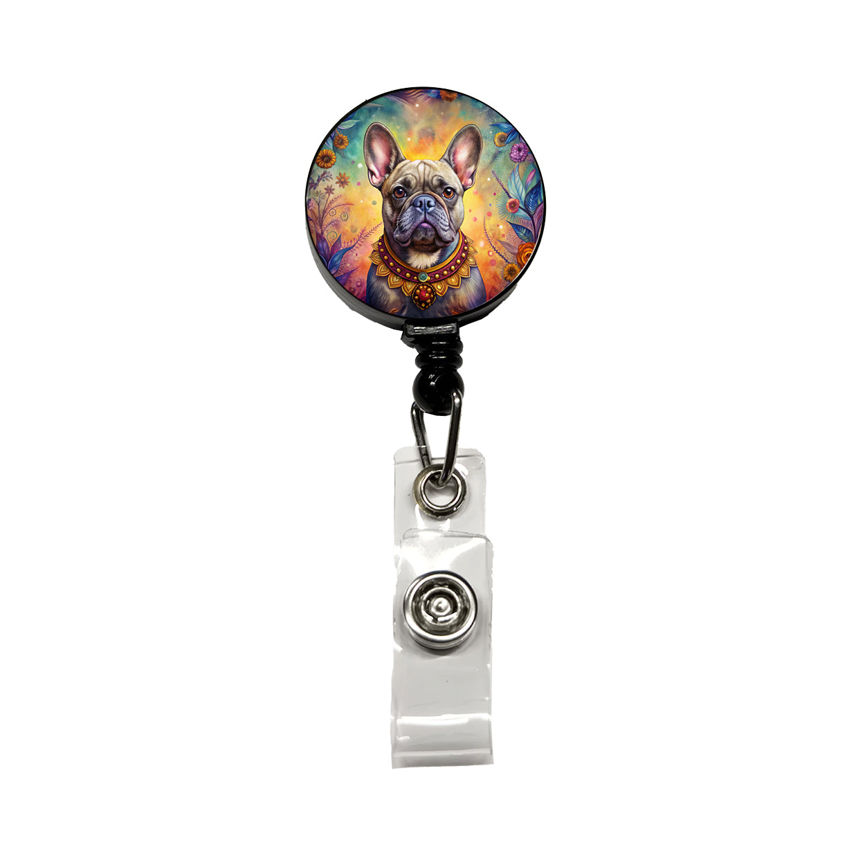 French Bulldog Frenchie Dog Bohemian Art Retractable ID Key Card Name Tag Badge Holder with Clip
