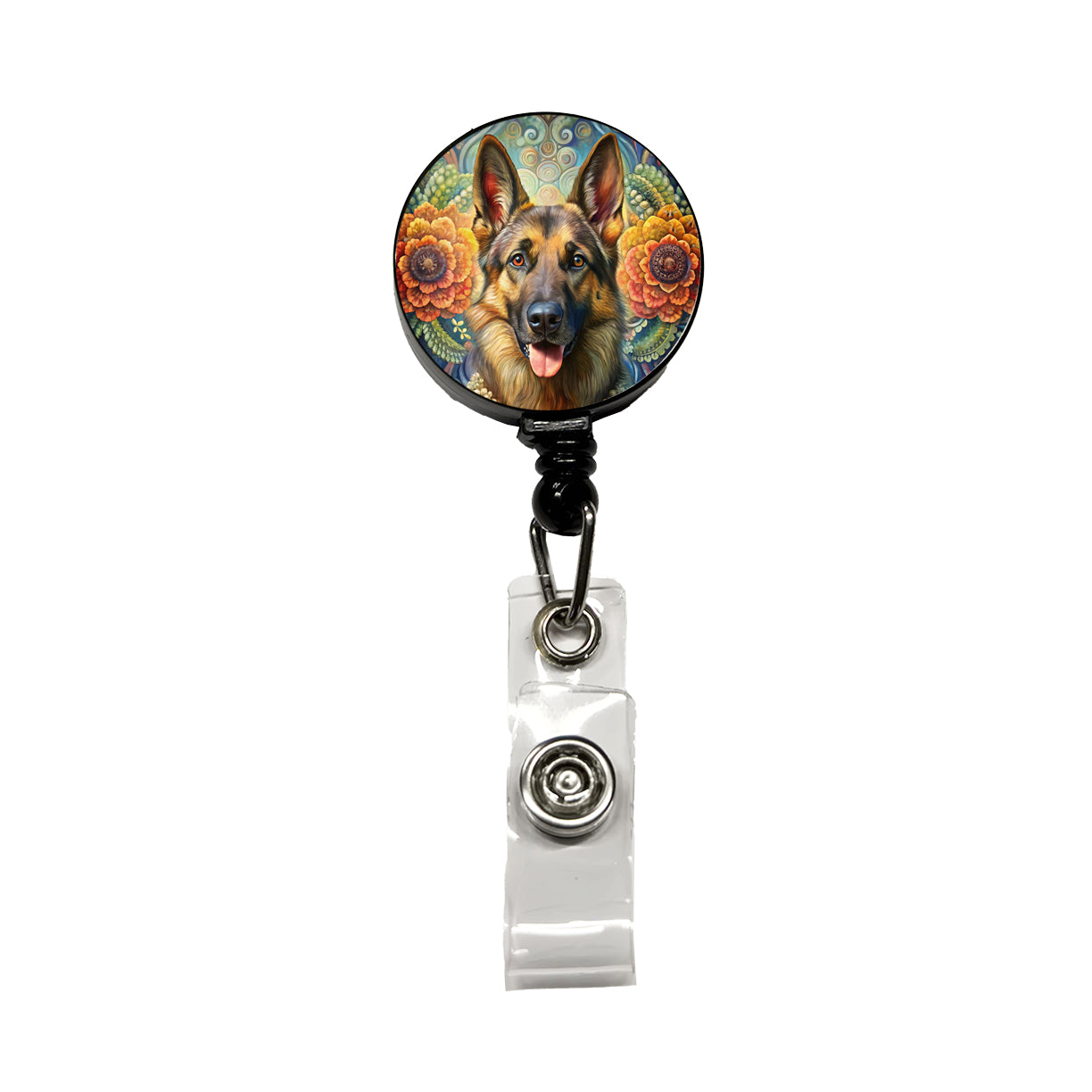 German Shepherd Dog Bohemian Art Retractable ID Key Card Name Tag Badge Holder with Clip