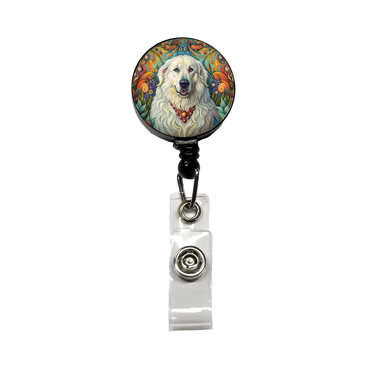 Great Pyrenees Dog French Bohemian Art Retractable ID Key Card Name Tag Badge Holder with Clip