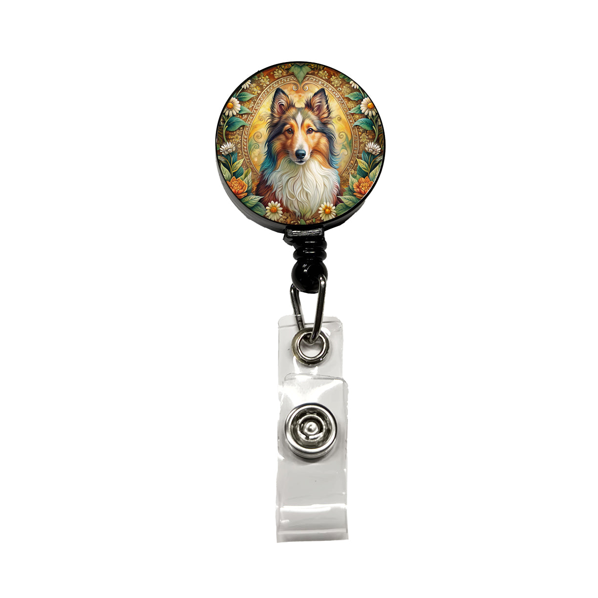Shetland Sheepdog Sheltie Dog Bohemian Art Retractable ID Key Card Name Tag Badge Holder with Clip