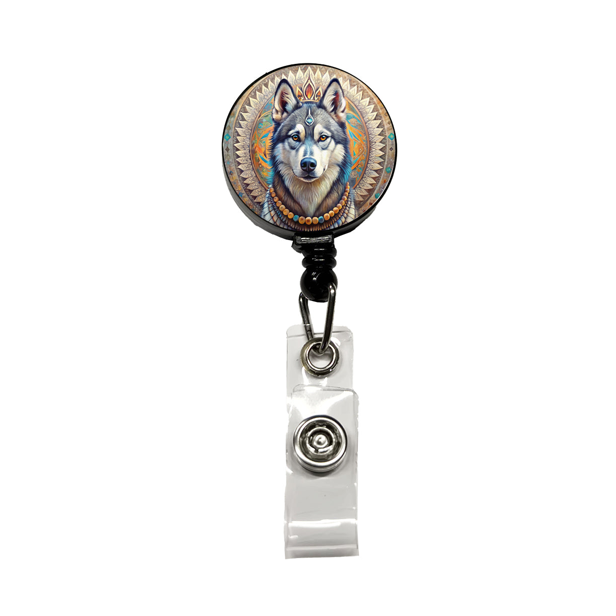 Siberian Husky Dog Bohemian Art Retractable ID Key Card Name Tag Badge Holder with Clip