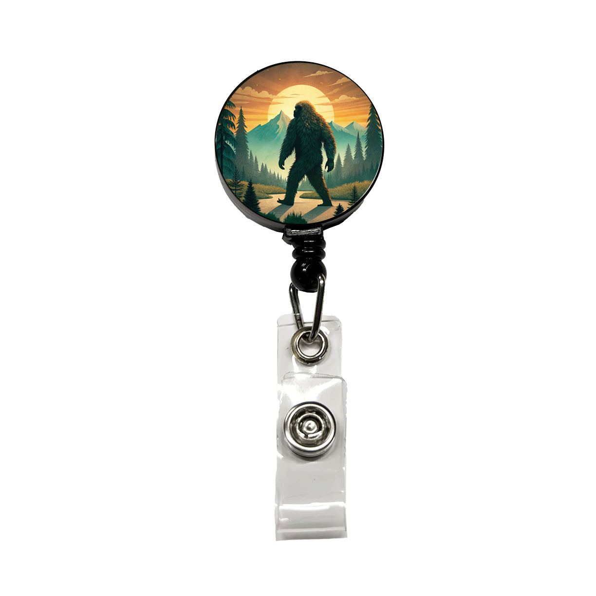 Retro Bigfoot Walking In The Woods At Sunset Retractable ID Key Card Name Tag Badge Holder with Clip