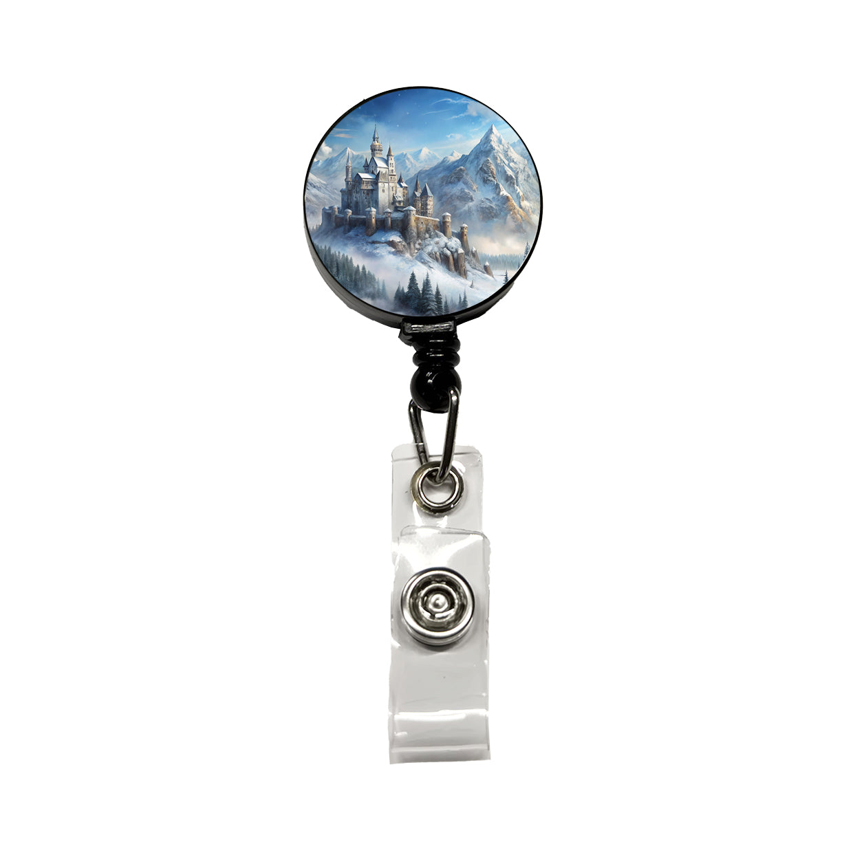Snow Covered Castle In Mountains Landscape Retractable ID Key Card Name Tag Badge Holder with Clip