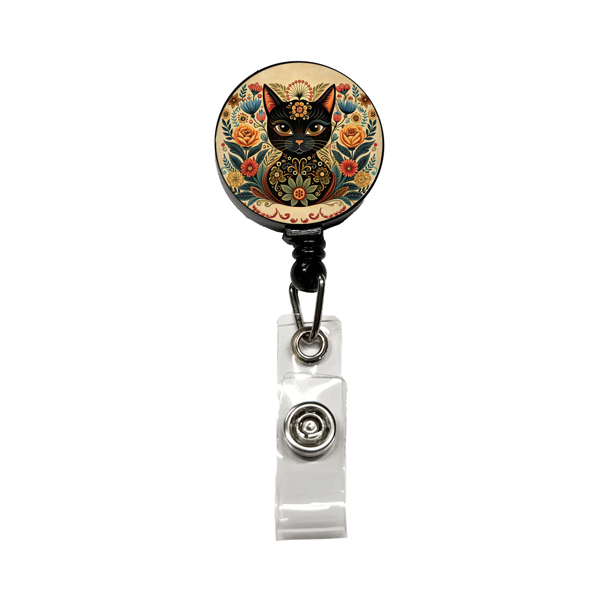 Stylized Black Cat Floral Design Retractable ID Key Card Name Tag Badge Holder with Clip