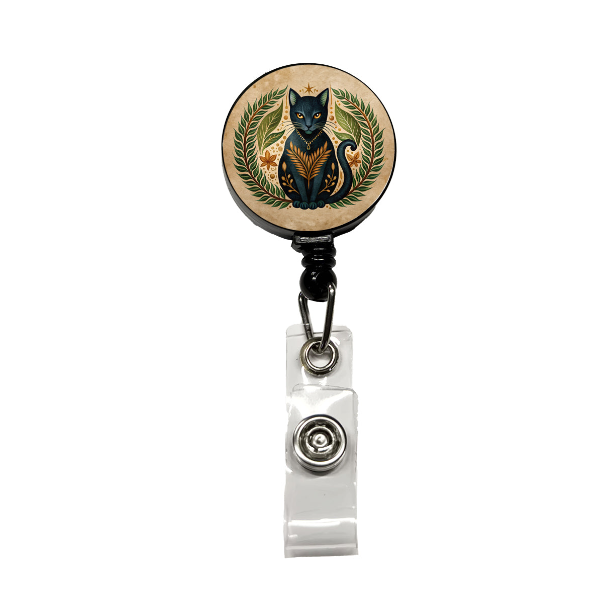 Stylized Black Cat Illustration Leaf Design Retractable ID Key Card Name Tag Badge Holder with Clip